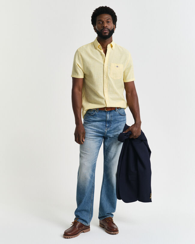 Regular Fit overhemd met korte mouwen van katoen en linnen