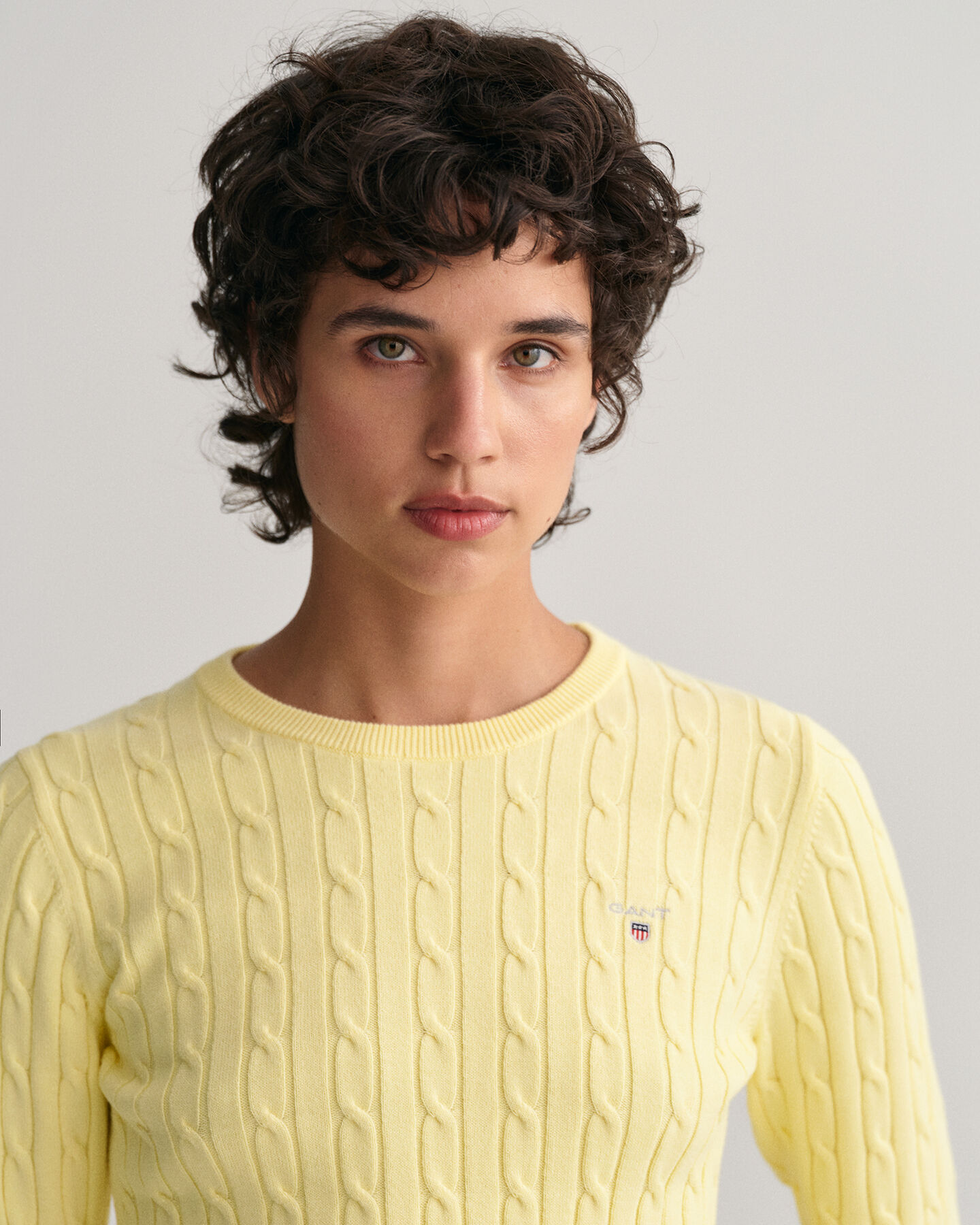 Gebreide kabeltrui met ronde hals van stretchkatoen