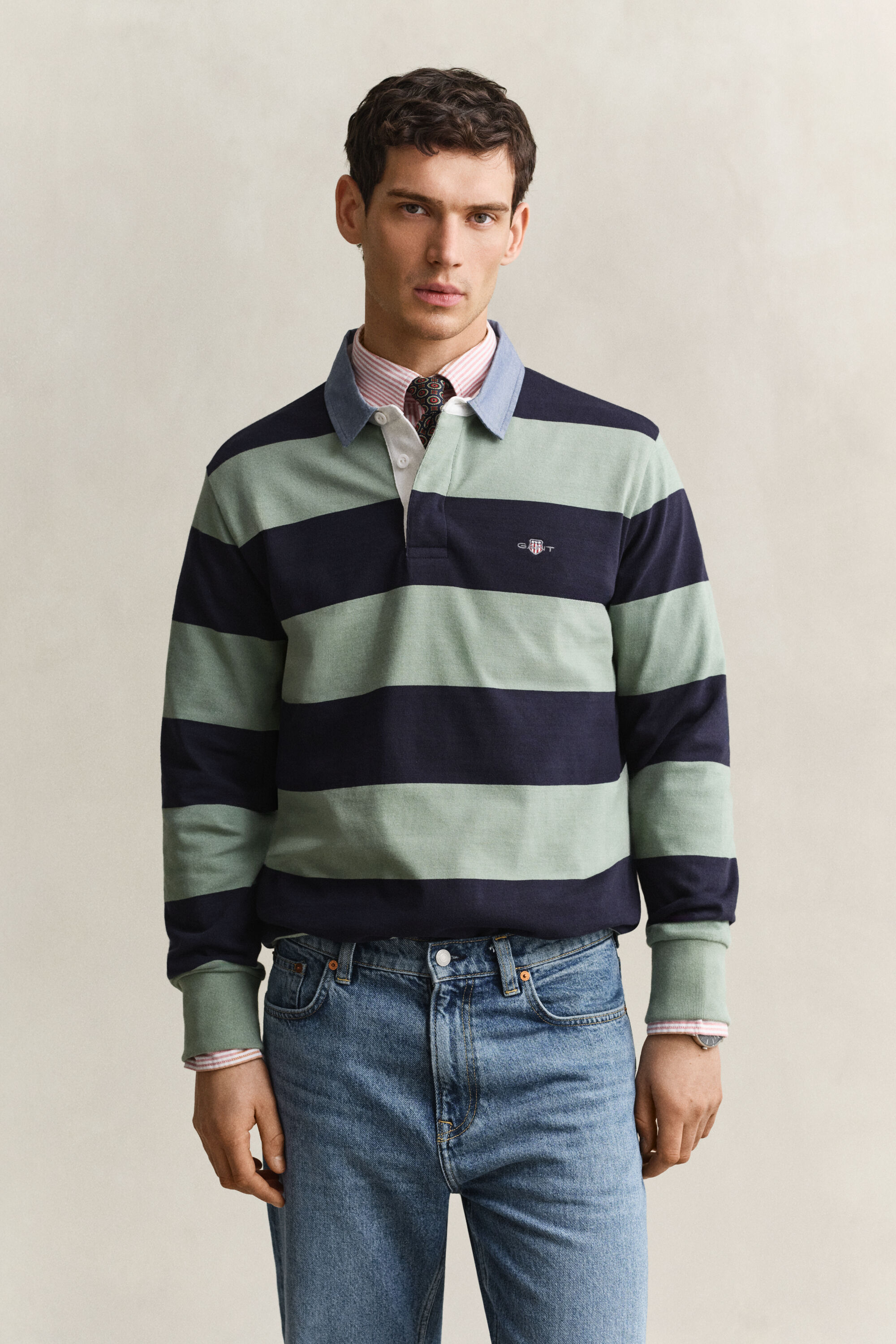 Gestreepte Heavy Rugger met chambray kraag