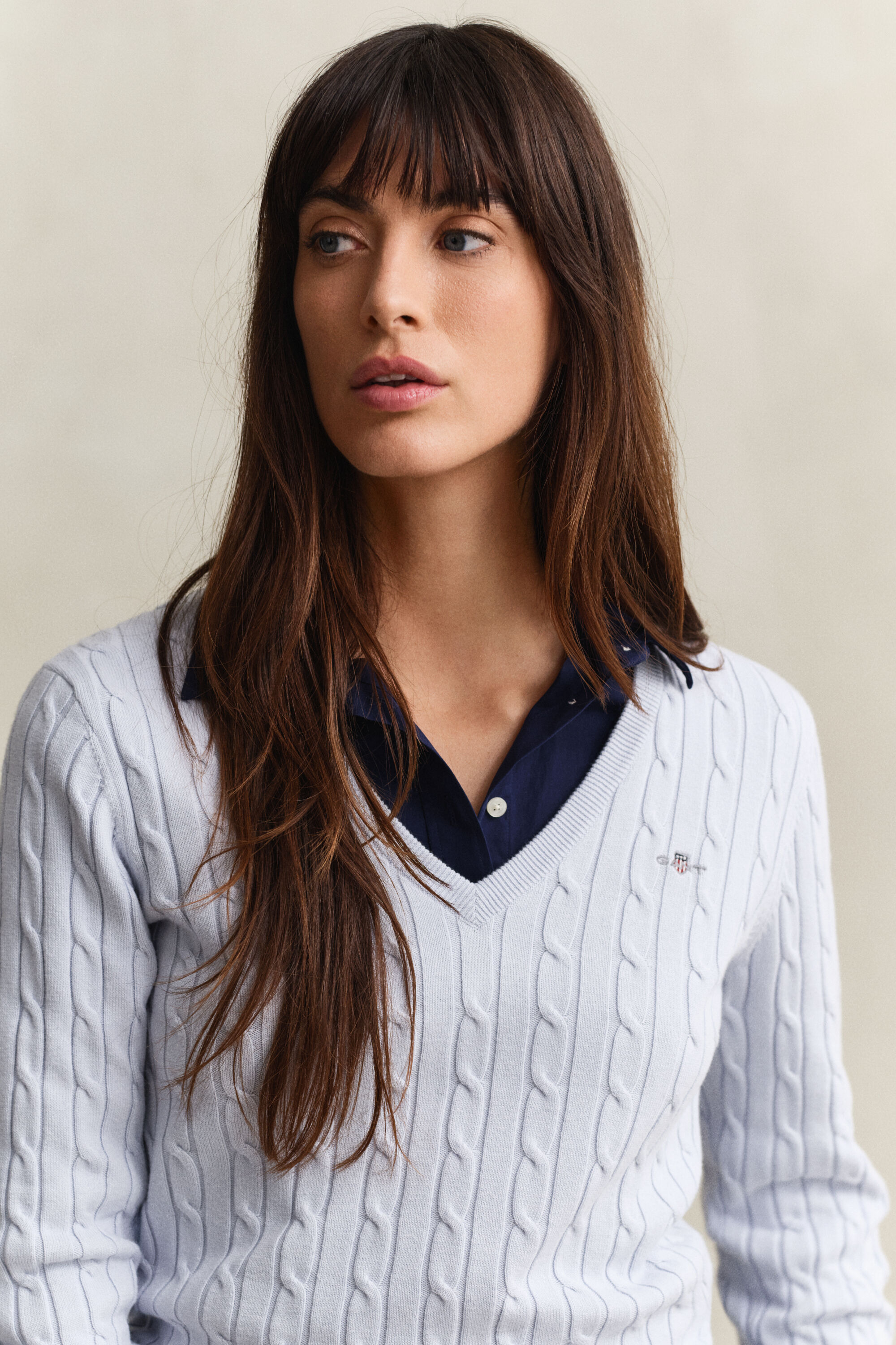 Kabelgebreide trui met V-hals