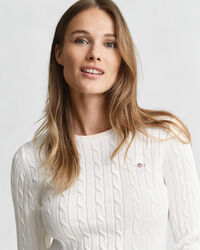 Gebreide kabeltrui met ronde hals van stretchkatoen