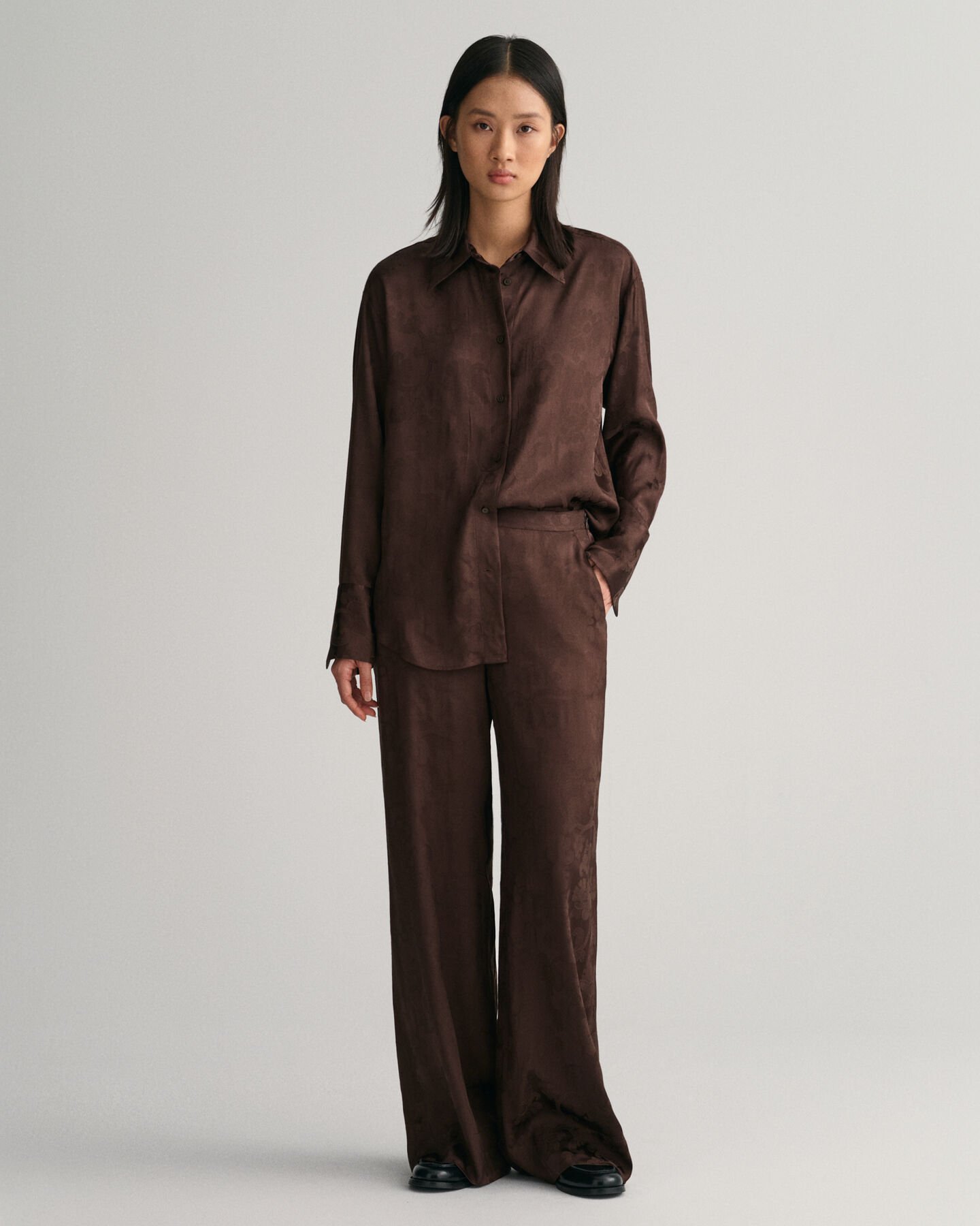 Jacquard broek met wijde pijp en kant