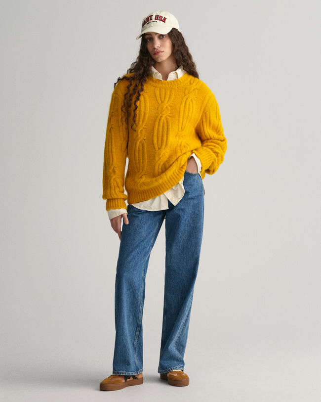 Furry gebreide kabeltrui met ronde hals