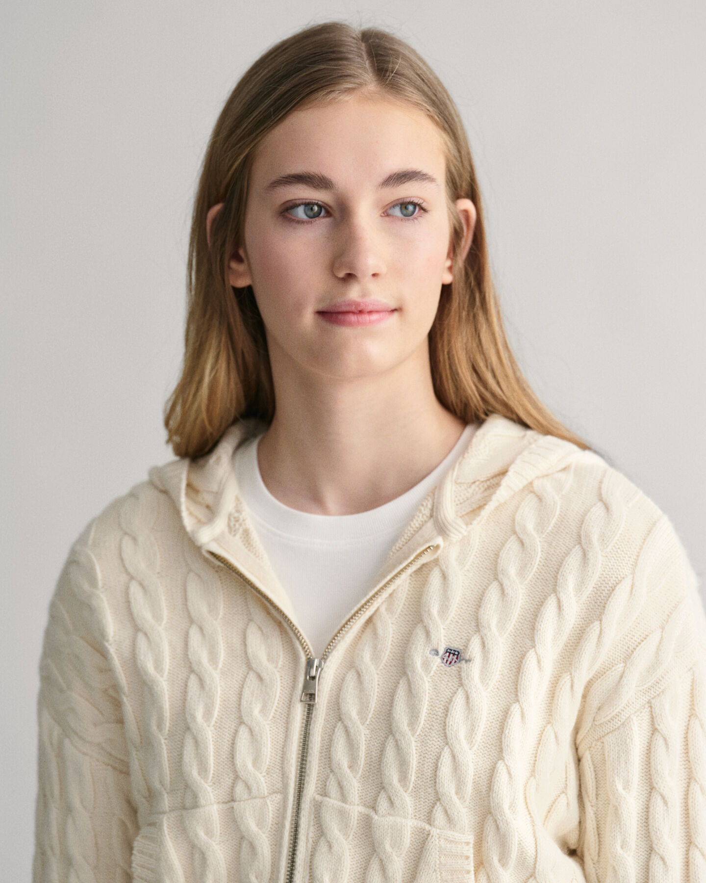 Teen Girls Shield kortere kabelgebreide hoodie met ritssluiting