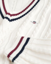 Teens kabelgebreide trui met V-hals en strepen