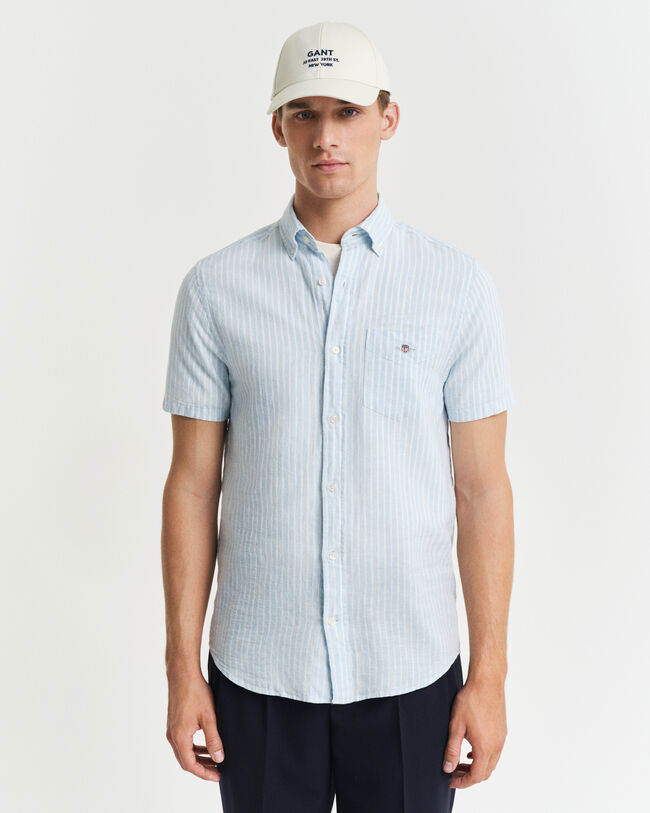Regular Fit gestreept overhemd met korte mouwen van katoen en linnen