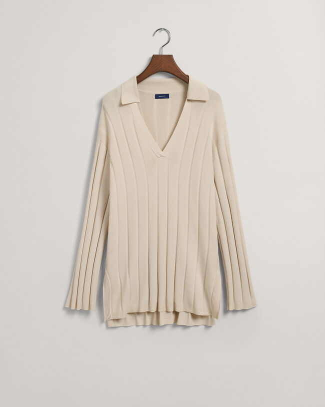 Trui met ribgebreide open kraag