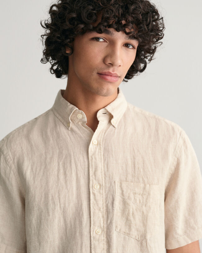 Regular Fit linnen overhemd met korte mouwen met pied-de-poule