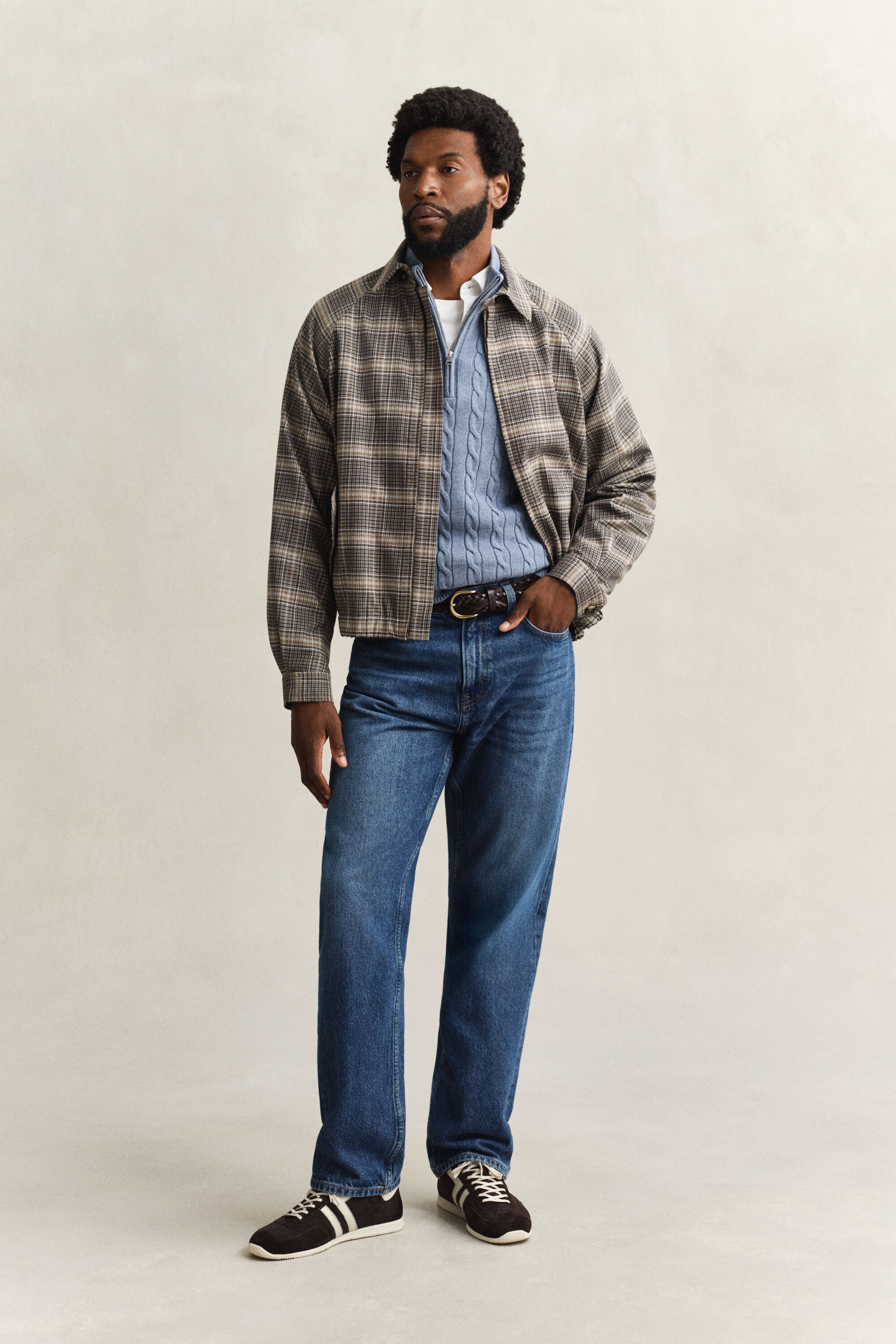 Kabelgebreide trui met korte rit van katoen