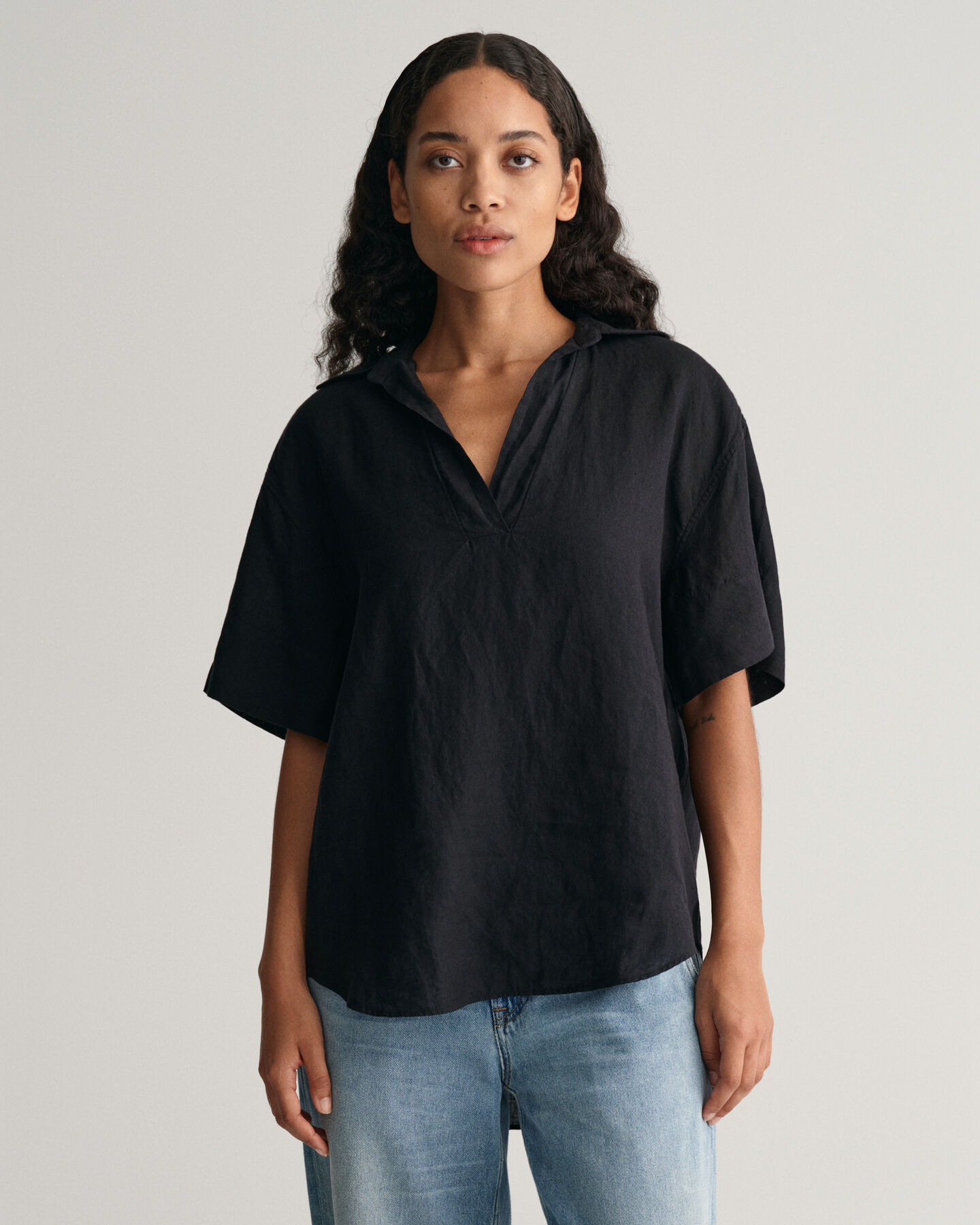 Relaxed Fit linnen Popover blouse met korte mouwen