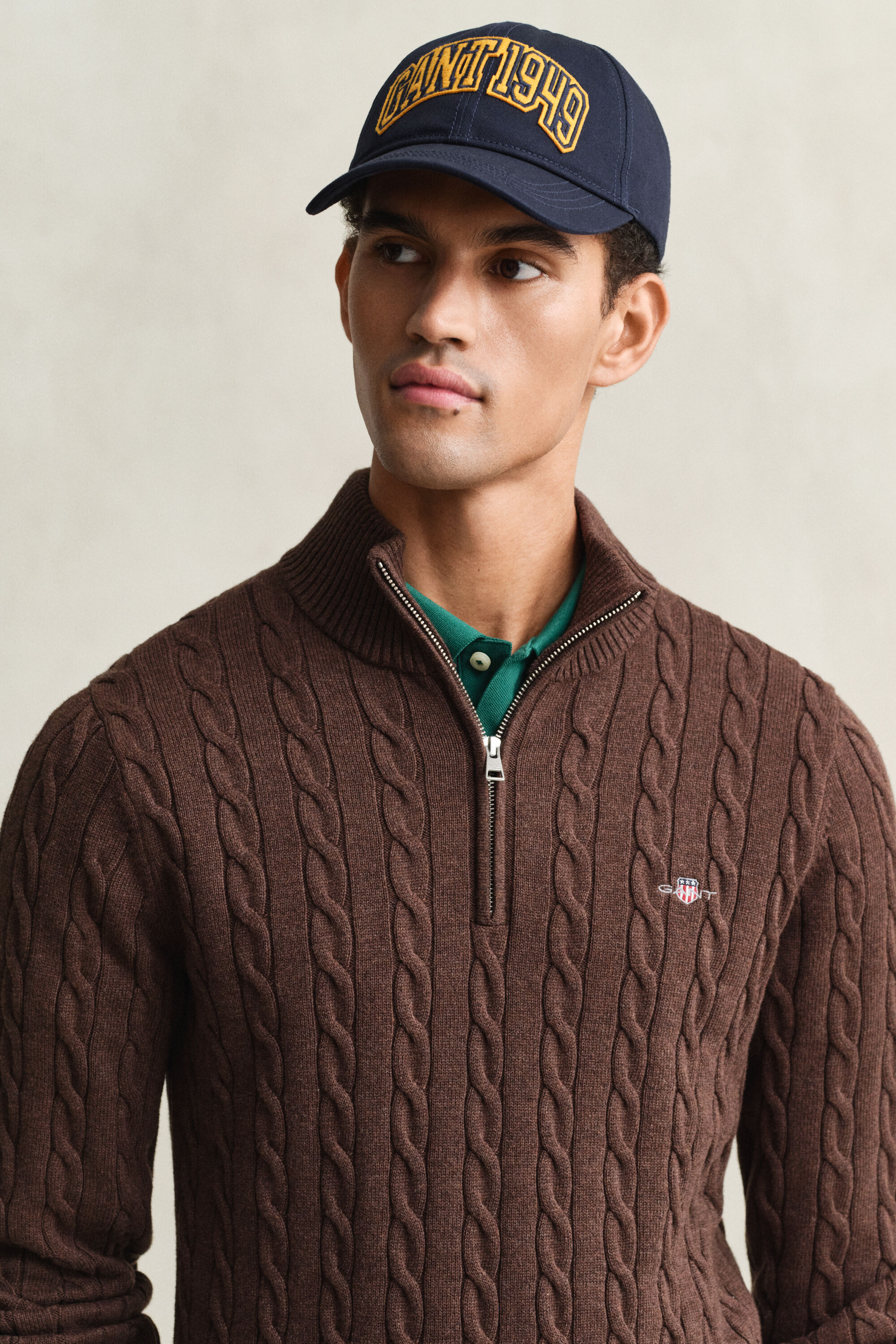 Kabelgebreide trui met korte rit van katoen