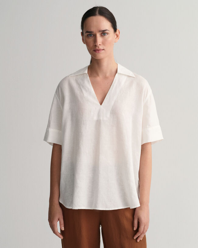 Popover linnen blouse met korte mouwen
