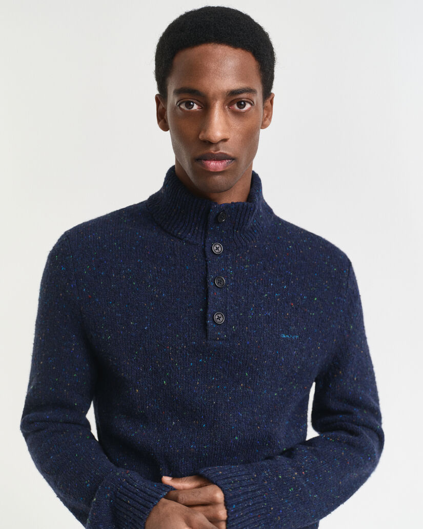 Trui met korte knoopsluiting van wolmix met spikkelpatroon