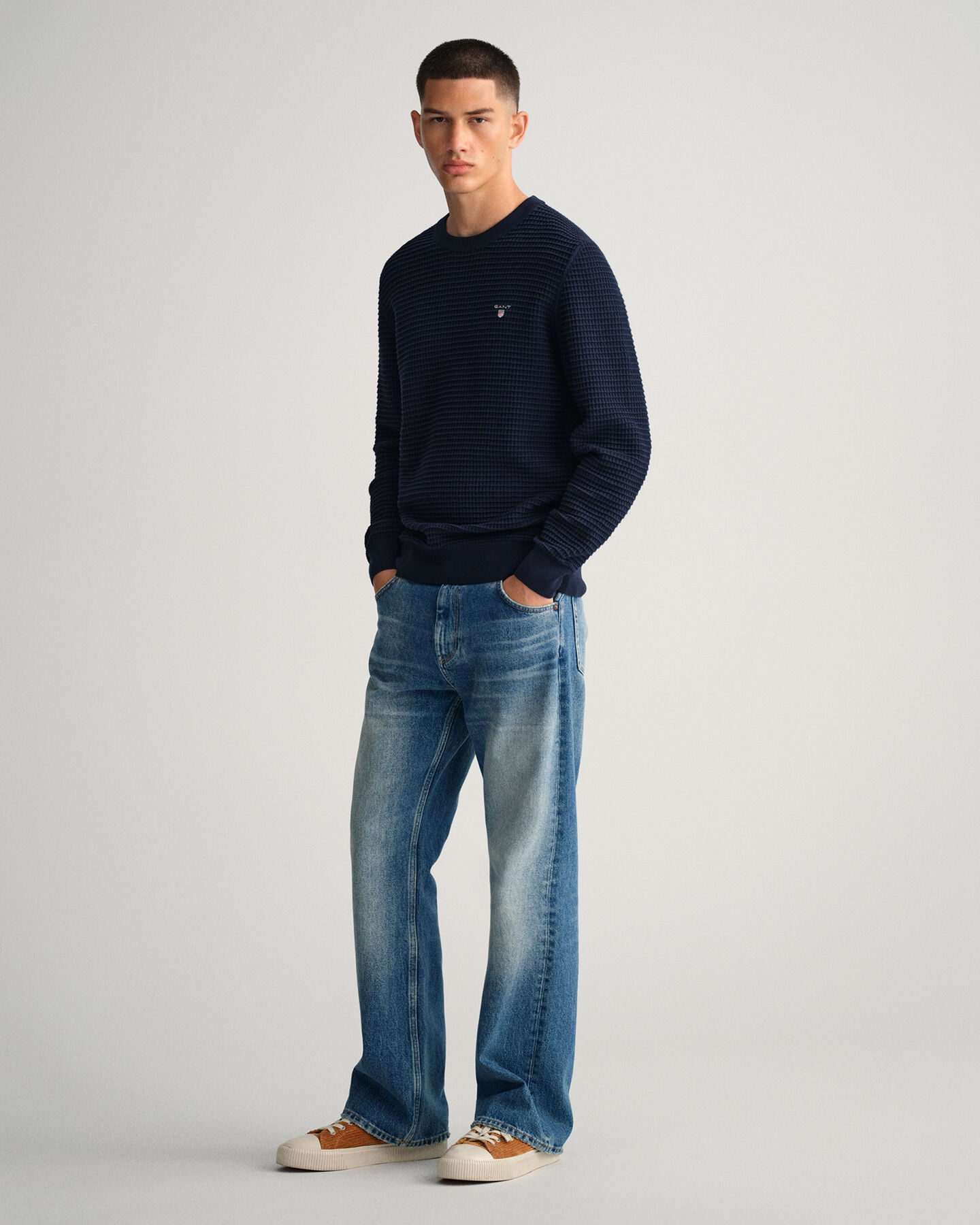 Texture sweater met ronde hals van katoen