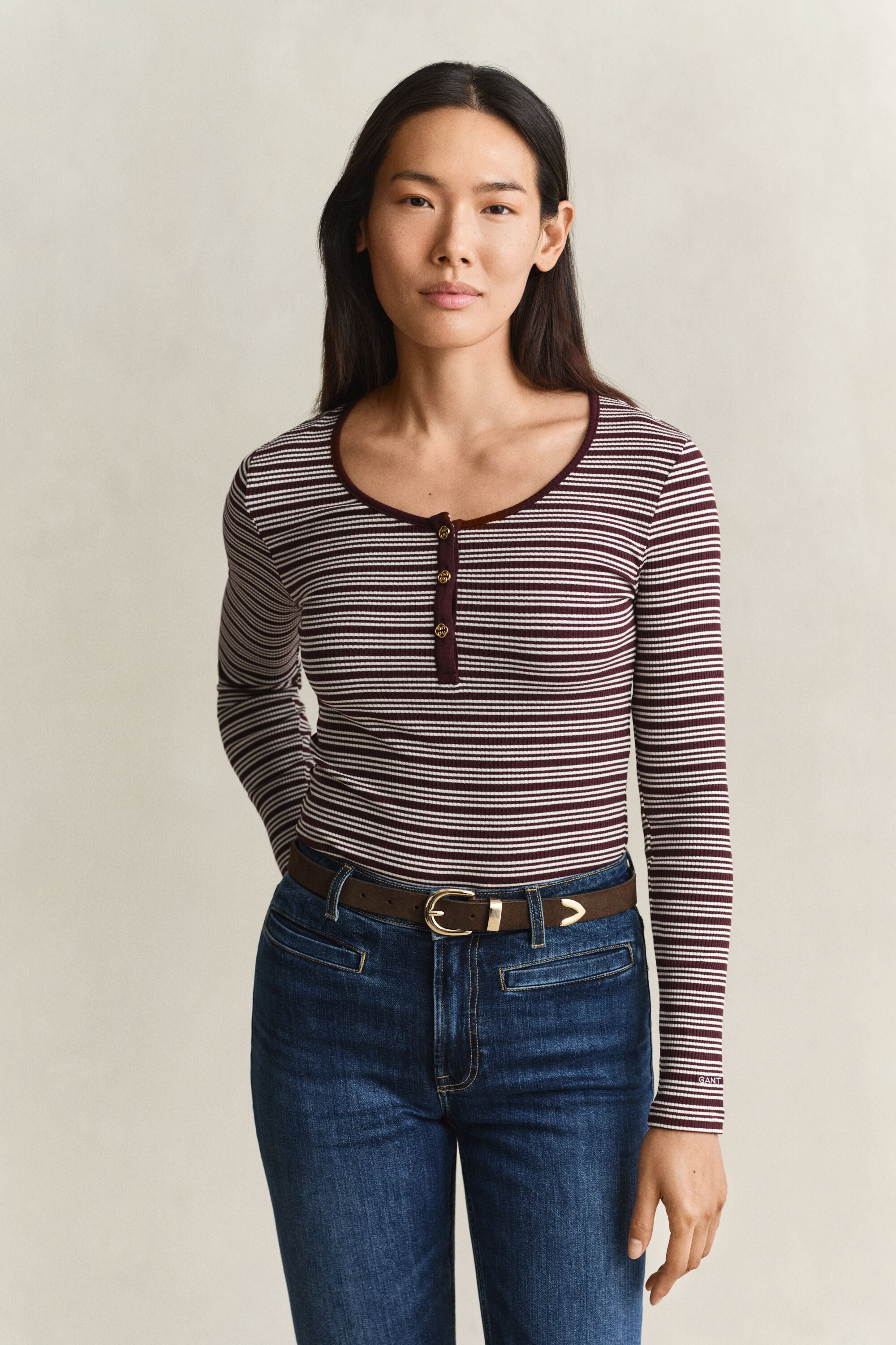 Geribde Henley-top met lange mouwen