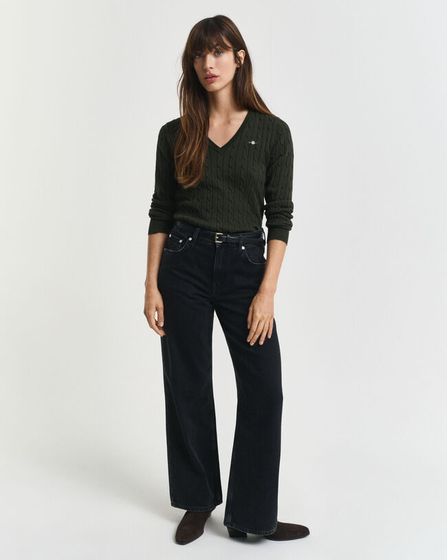 Gebreide kabeltrui met V-hals van stretchkatoen