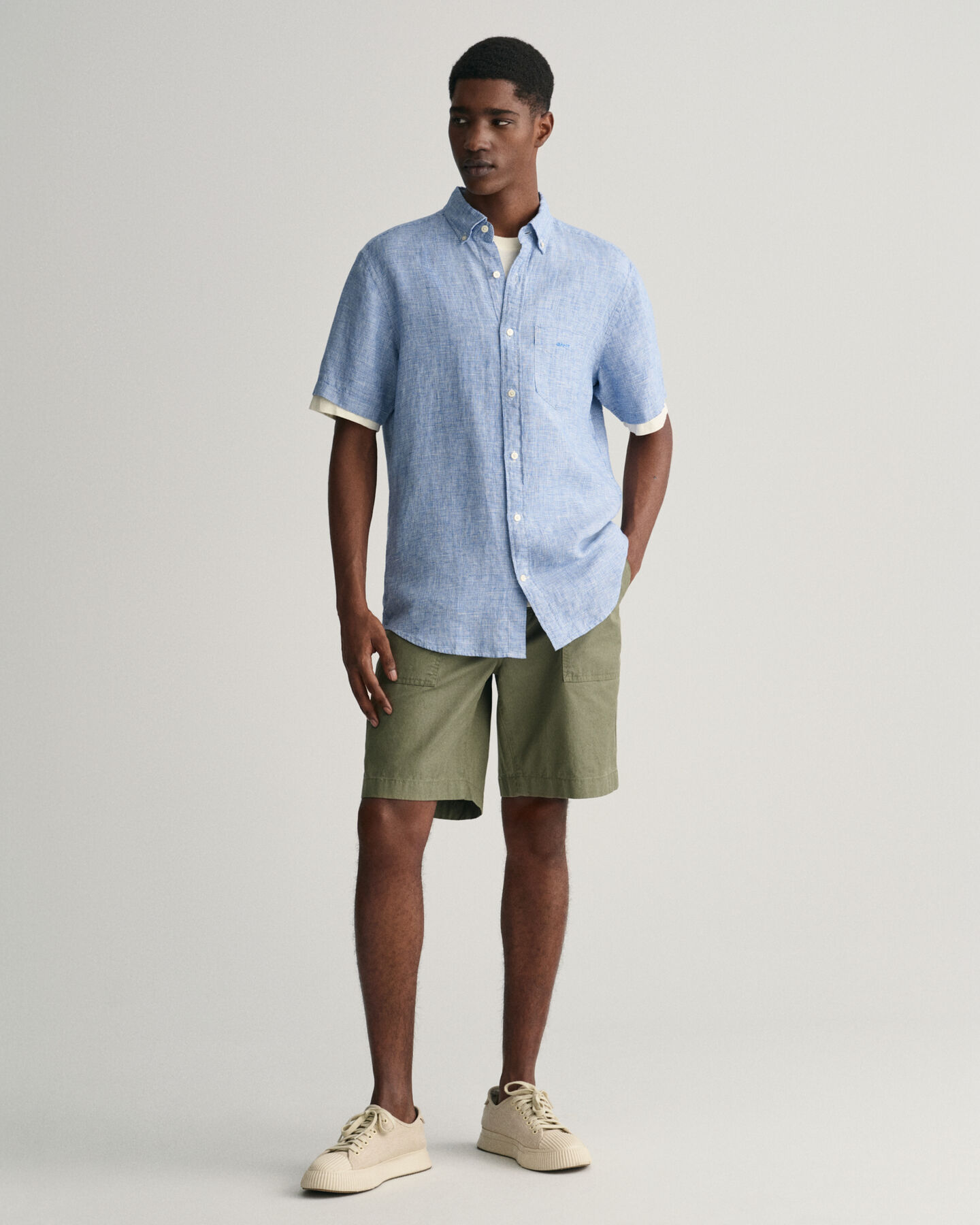 Regular Fit linnen overhemd met korte mouwen met pied-de-poule