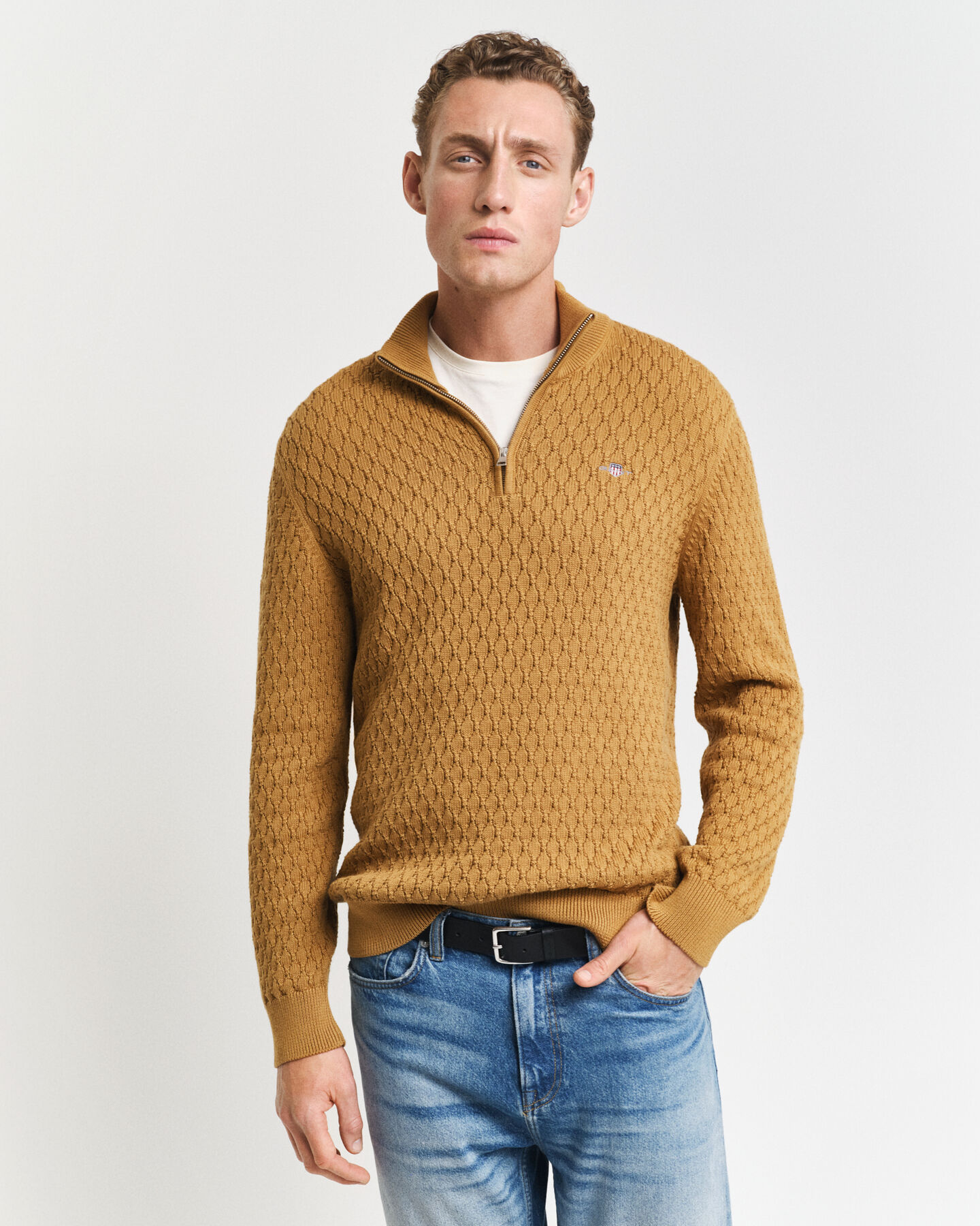 Katoenen Textured sweater met korte rits