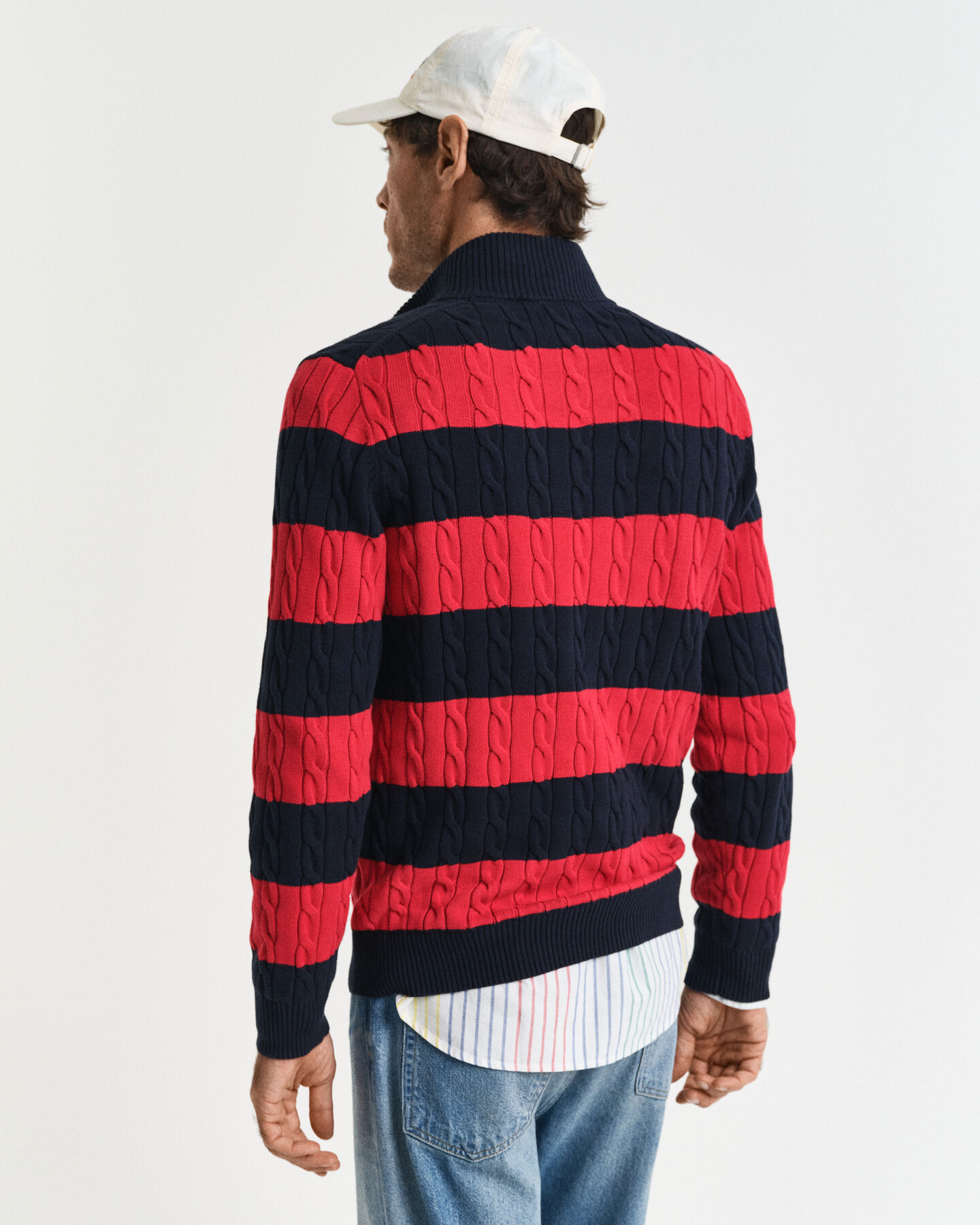 Kabelgebreide trui van katoen met korte rits en strepen