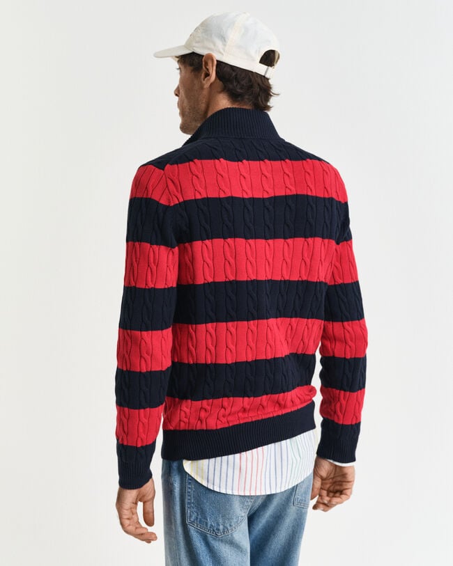 Kabelgebreide trui van katoen met korte rits en strepen