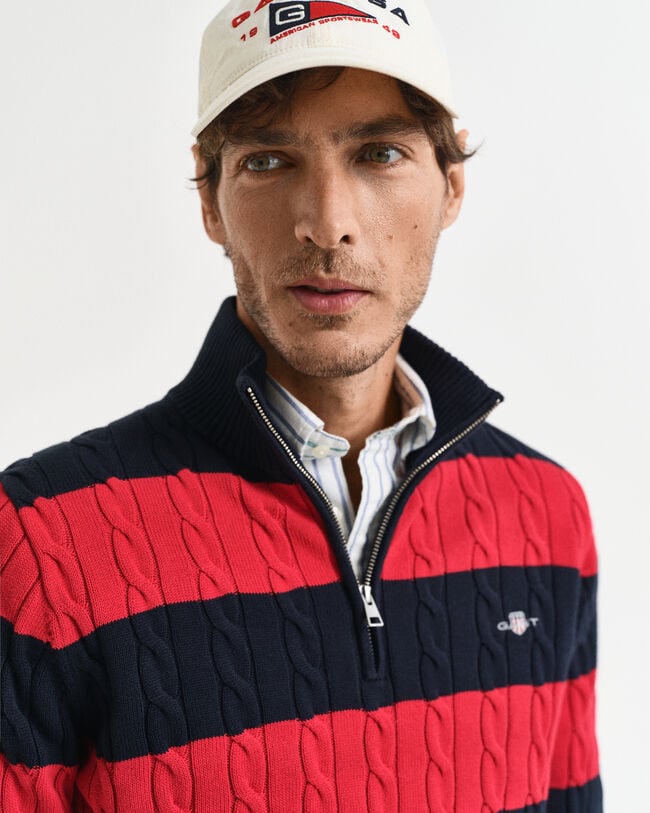 Kabelgebreide trui van katoen met korte rits en strepen