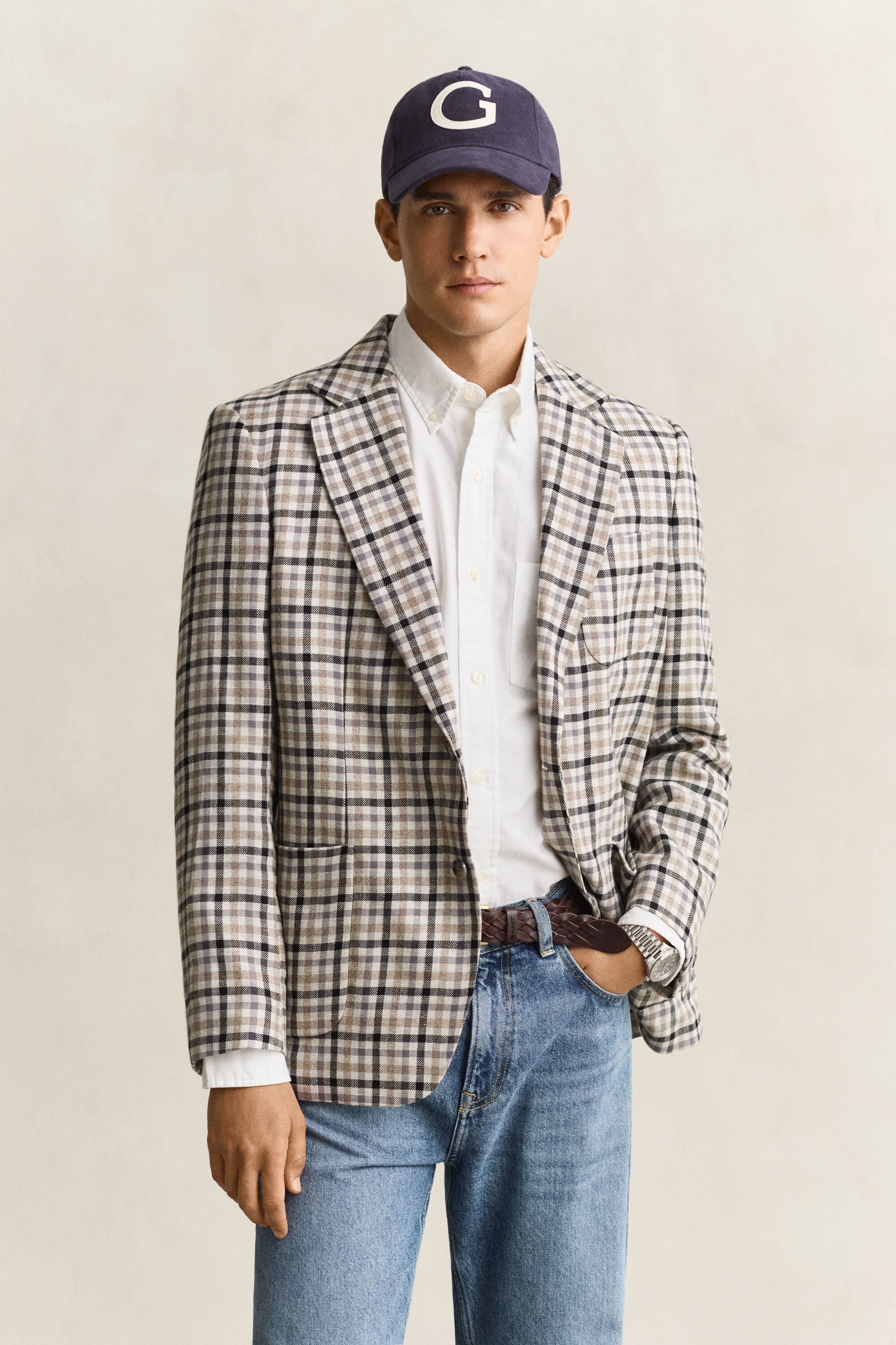Geruite blazer van wol en linnen