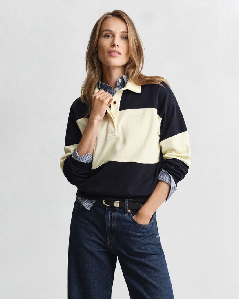 Rugger met piqué-textuur en kleurblokken