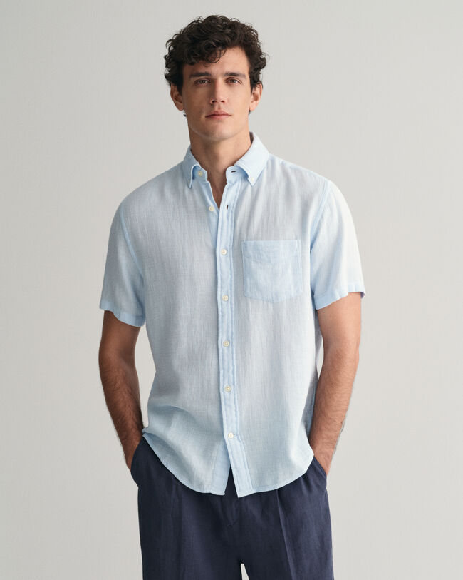 Regular Fit Textured overhemd met korte mouwen van katoen en linnen