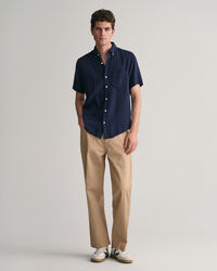 Regular Fit Textured overhemd met korte mouwen van katoen en linnen