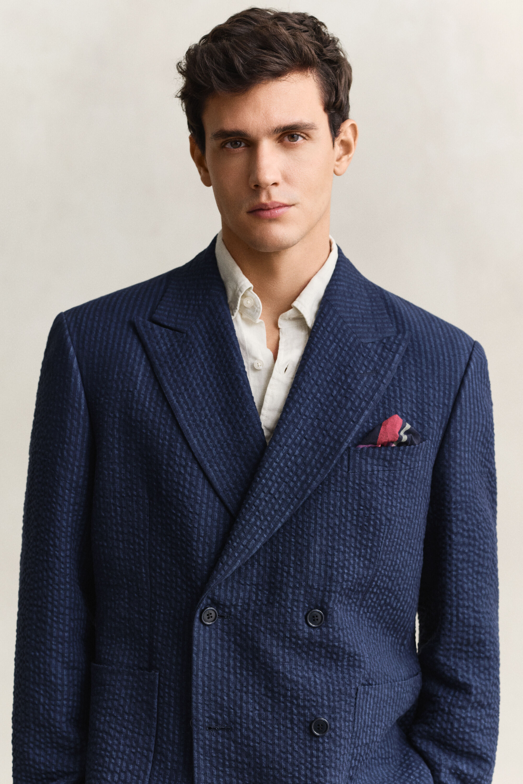 Indigoblauw seersucker kostuumjasje