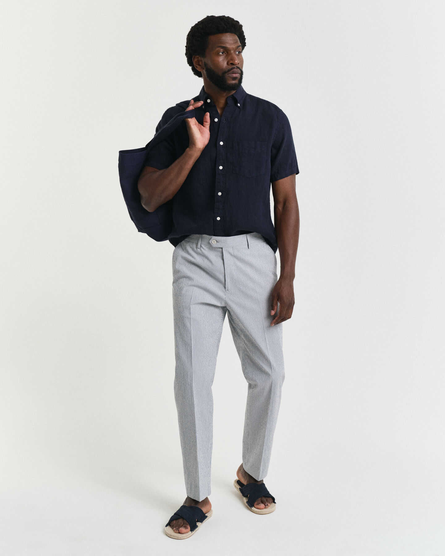 Slim Fit Seersucker kostuumbroek met taps toelopende pijpen