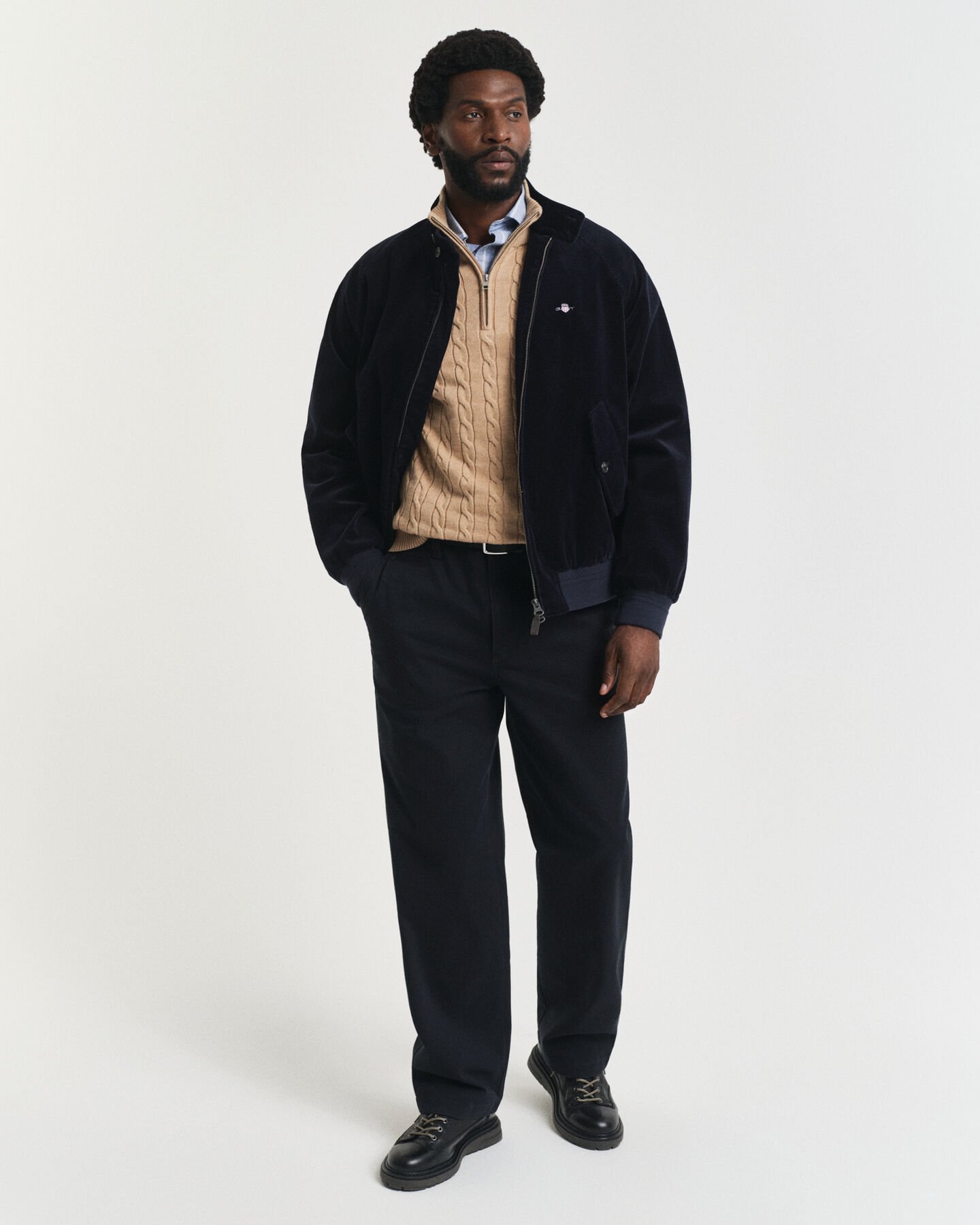 Kabelgebreide trui met korte rit van katoen