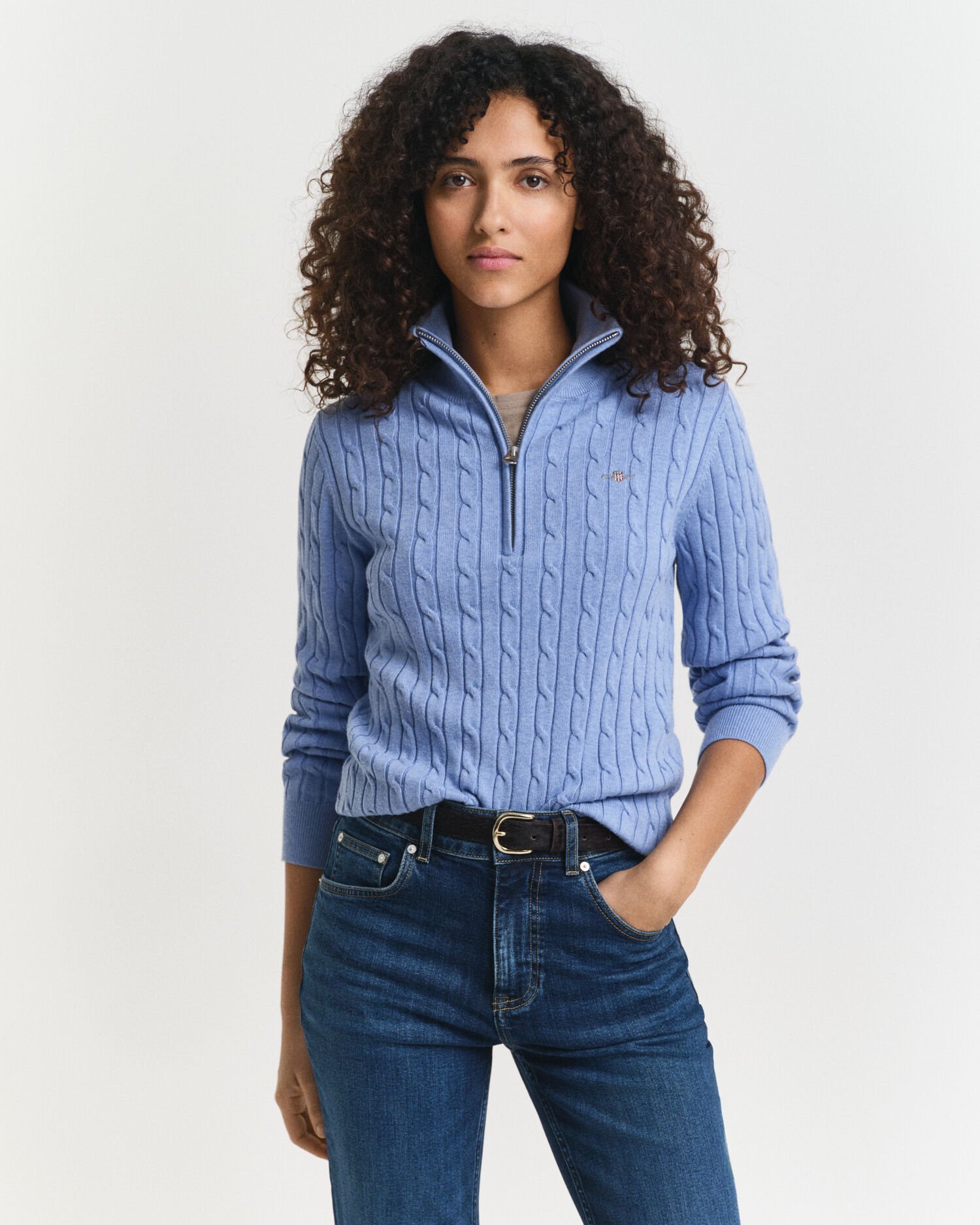 Gebreide kabeltrui met korte rits