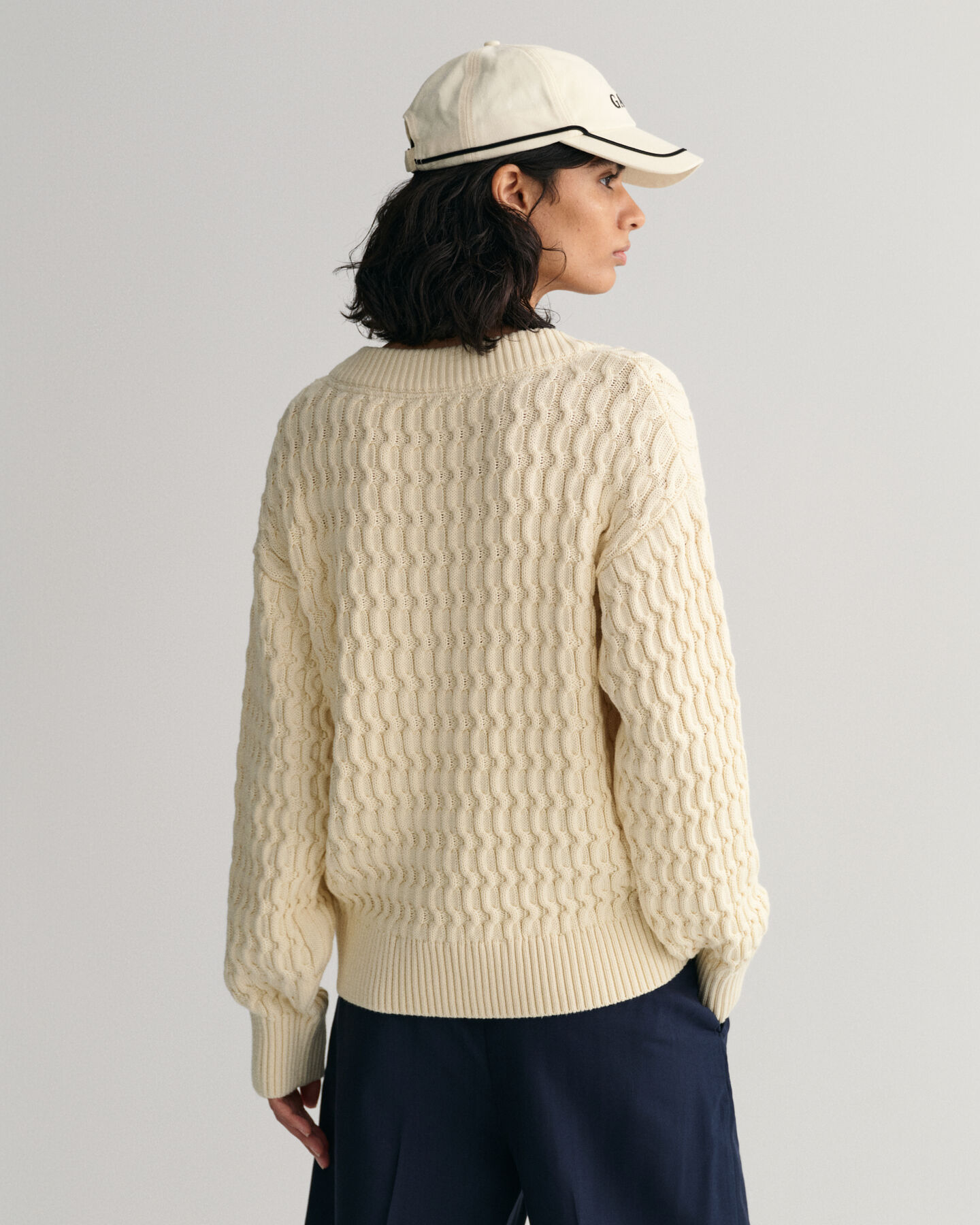 Textured sweater met V-hals van katoen