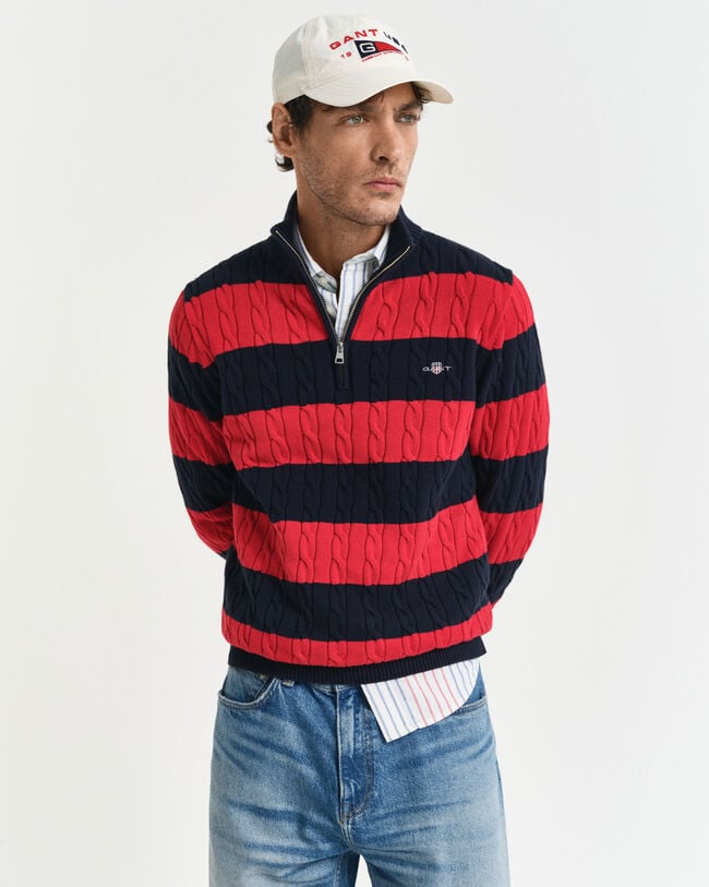 Kabelgebreide trui van katoen met korte rits en strepen