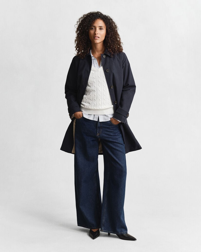 Gebreide kabeltrui met V-hals van stretchkatoen