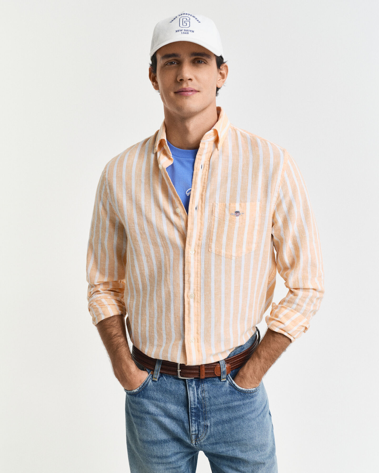 Regular Fit gestreept overhemd van katoen en linnen