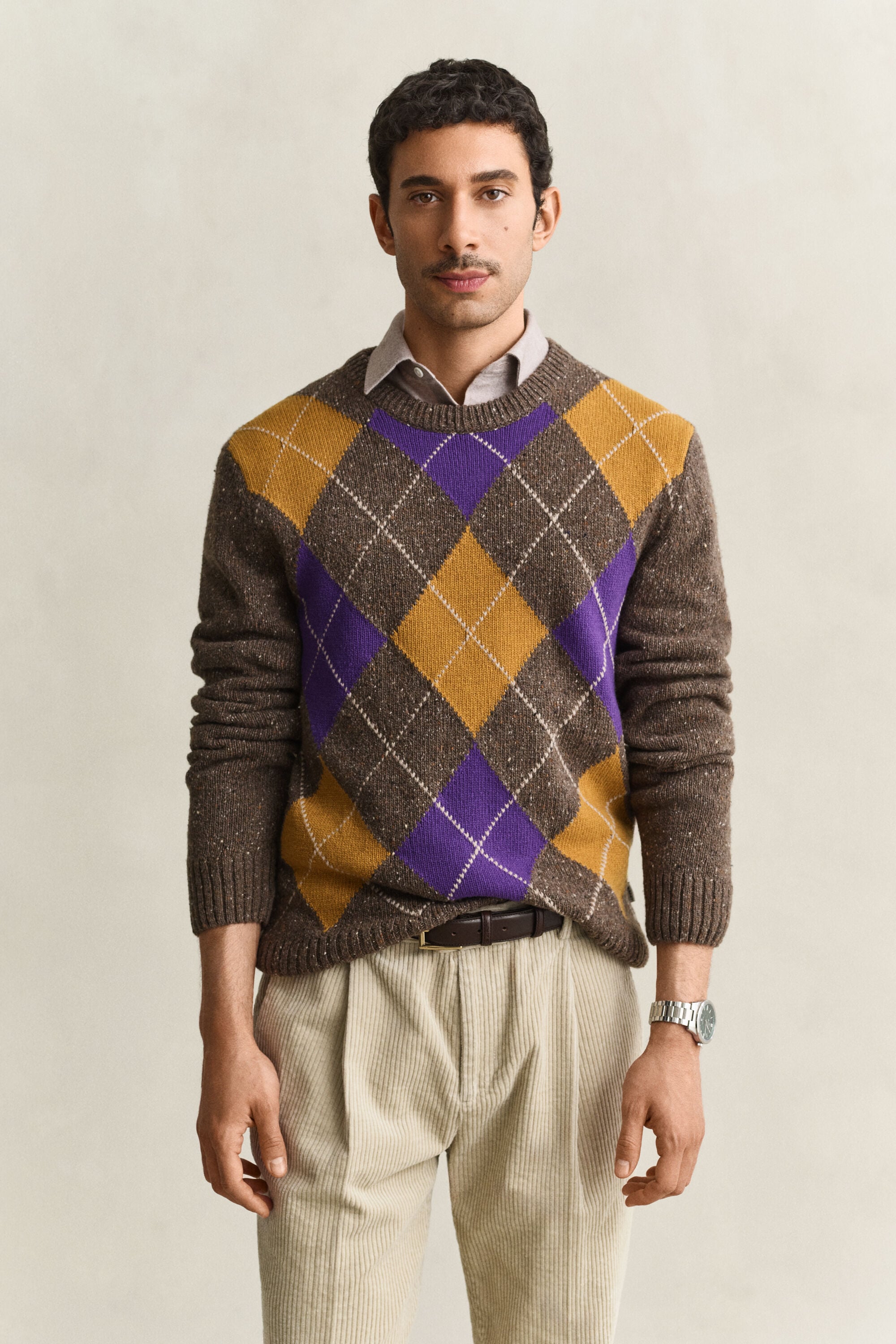 Argyle-trui met ronde hals, wol met kleuraccent