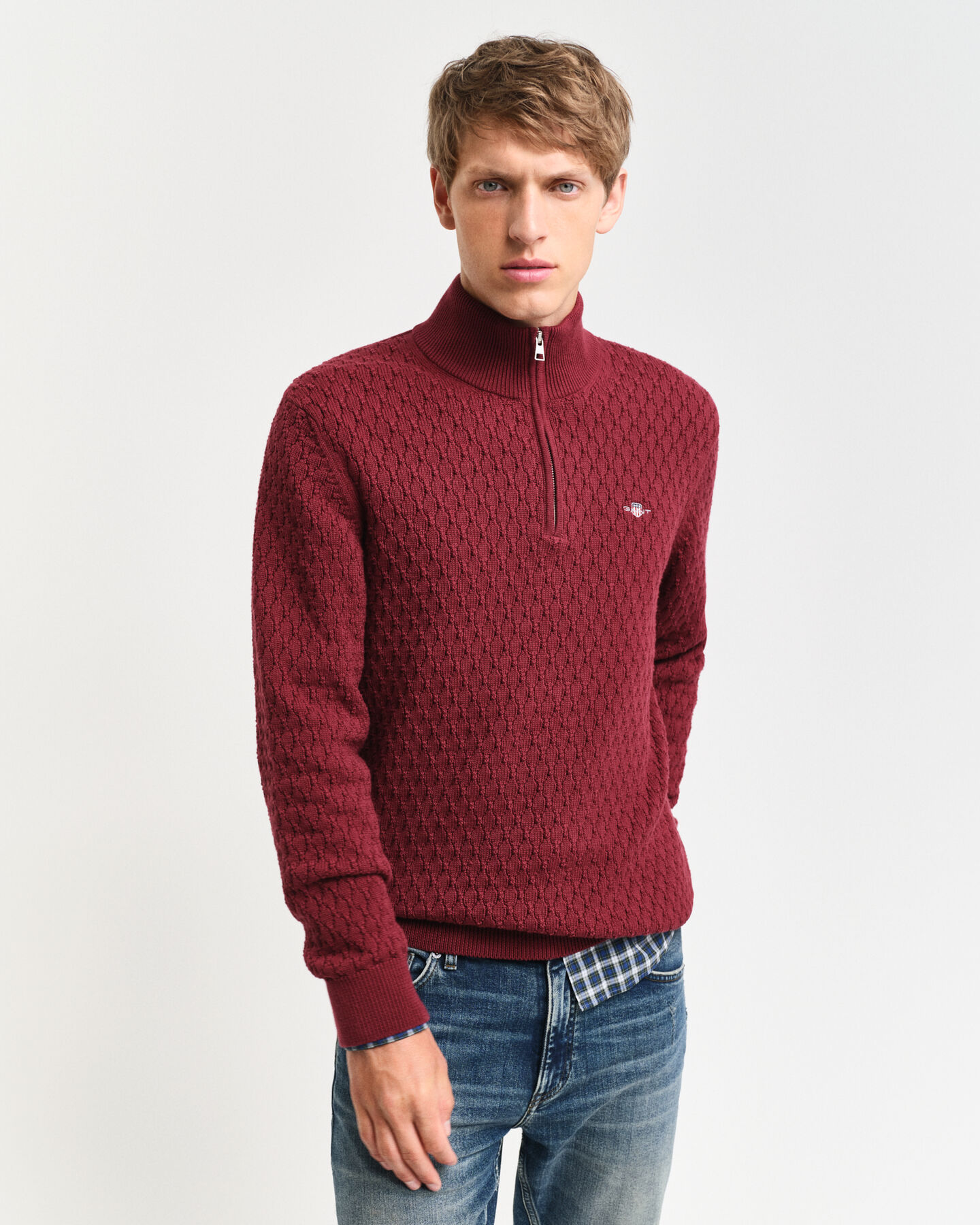 Katoenen Textured sweater met korte rits