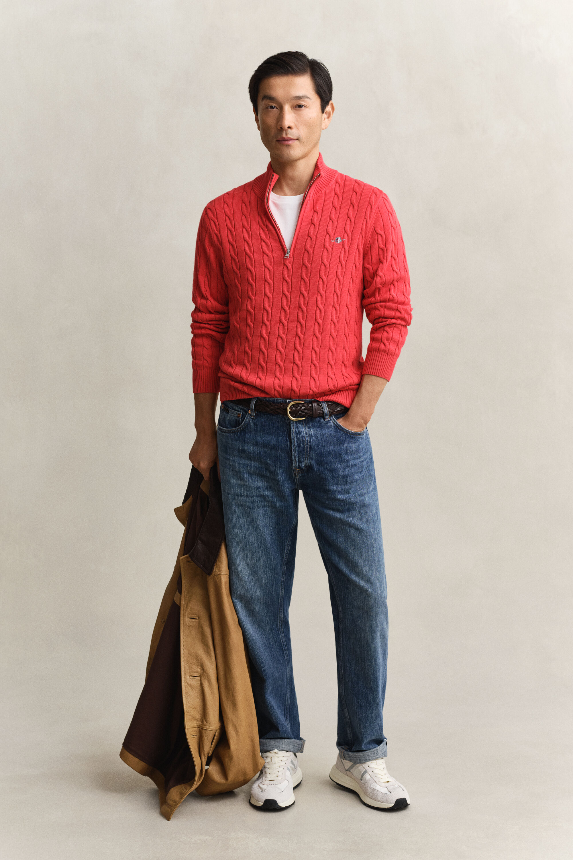 Kabelgebreide trui met korte rit van katoen