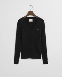 Gebreide kabeltrui met V-hals van stretchkatoen