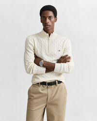 Kabelgebreide trui met korte rit van katoen