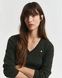 Gebreide kabeltrui met V-hals van stretchkatoen