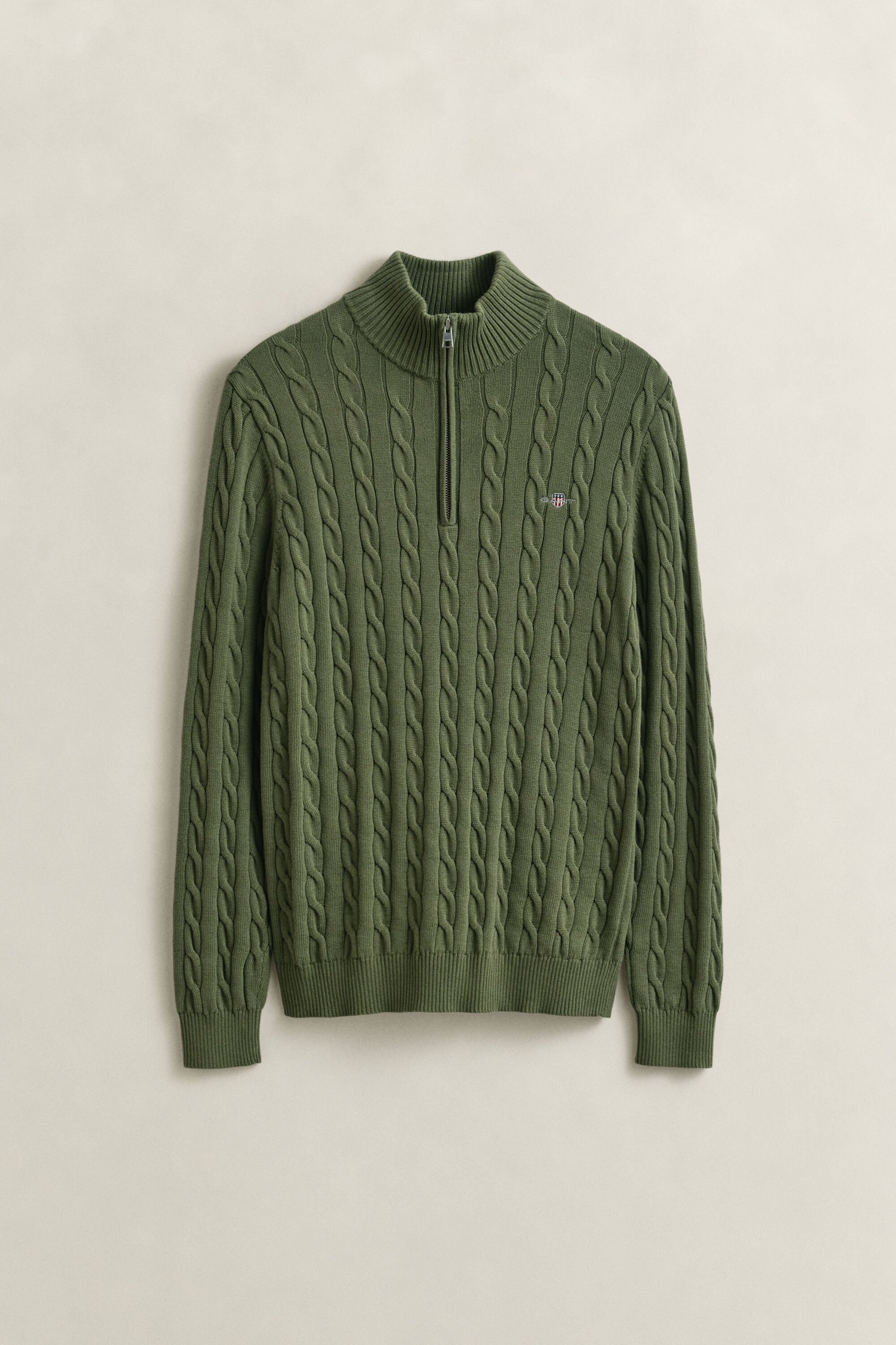 Kabelgebreide trui met korte rit van katoen