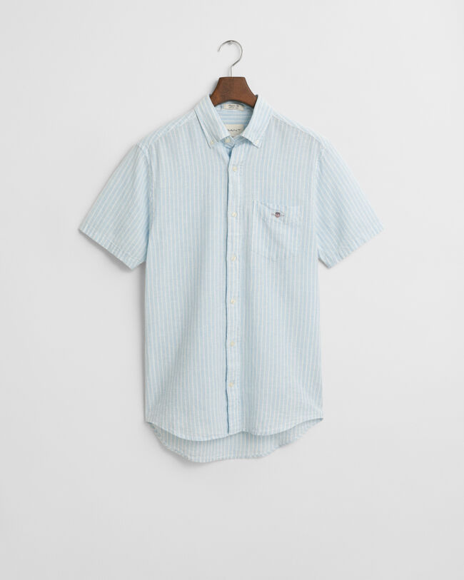 Regular Fit gestreept overhemd met korte mouwen van katoen en linnen