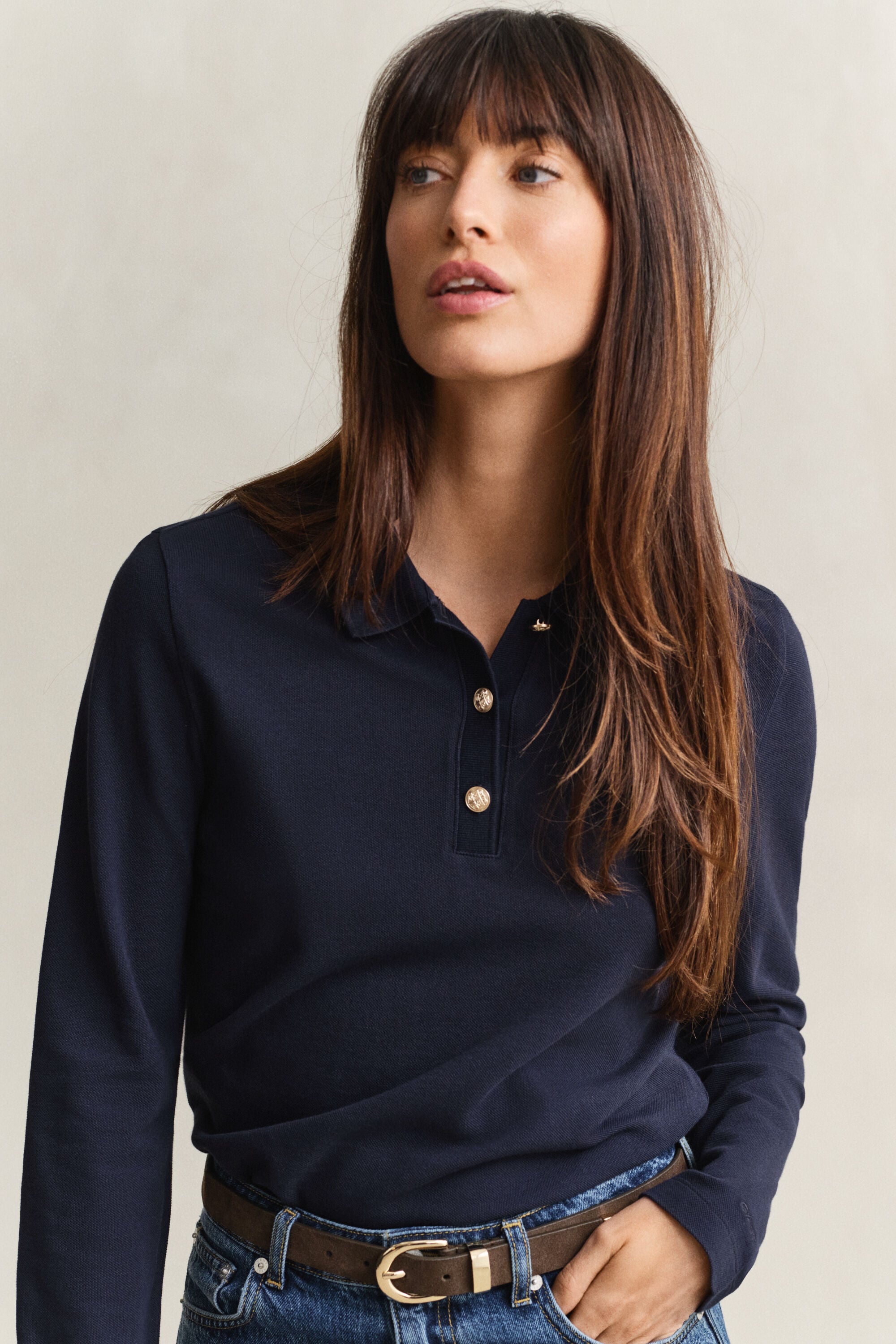 Piqué polotop met lange mouwen