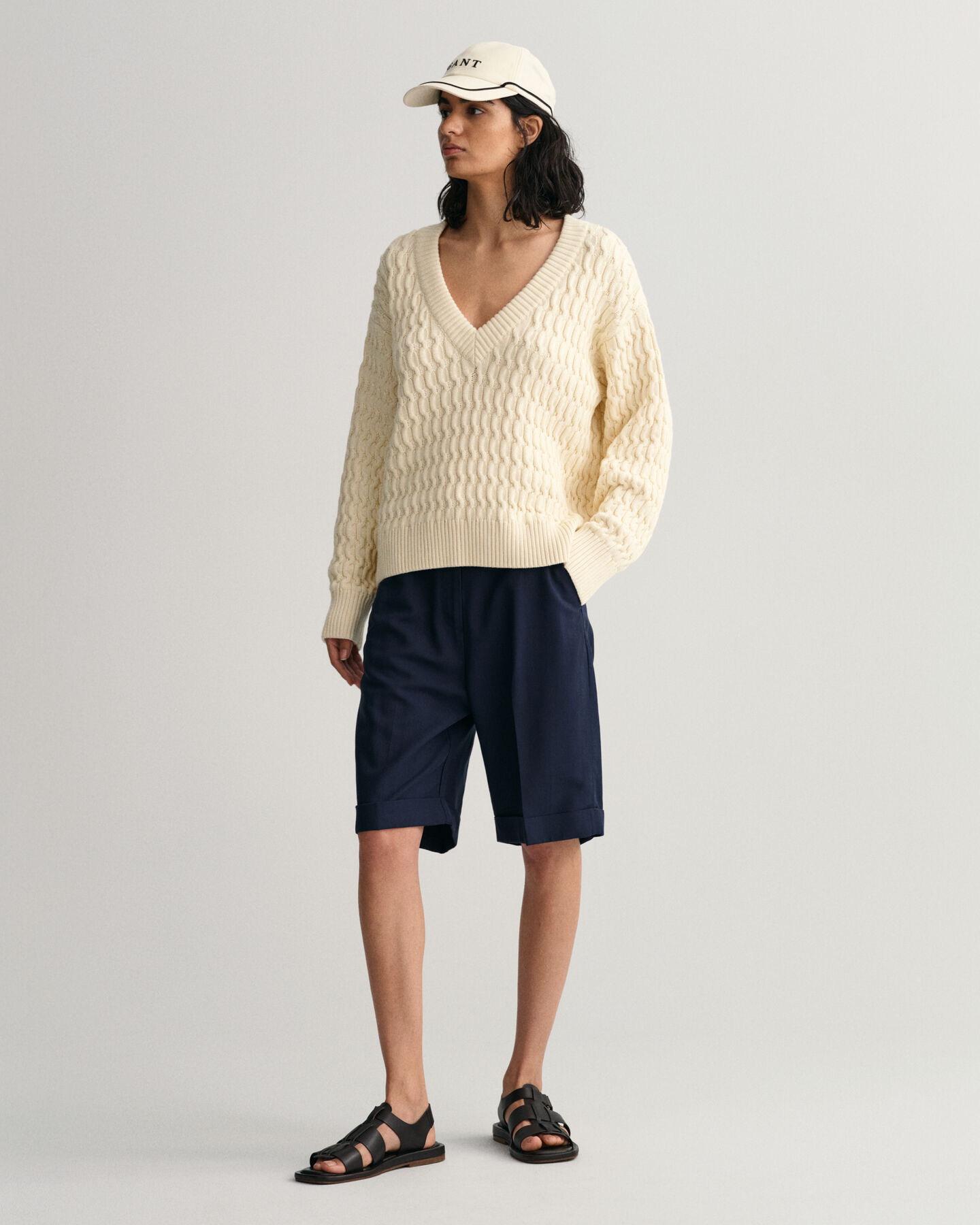 Textured sweater met V-hals van katoen