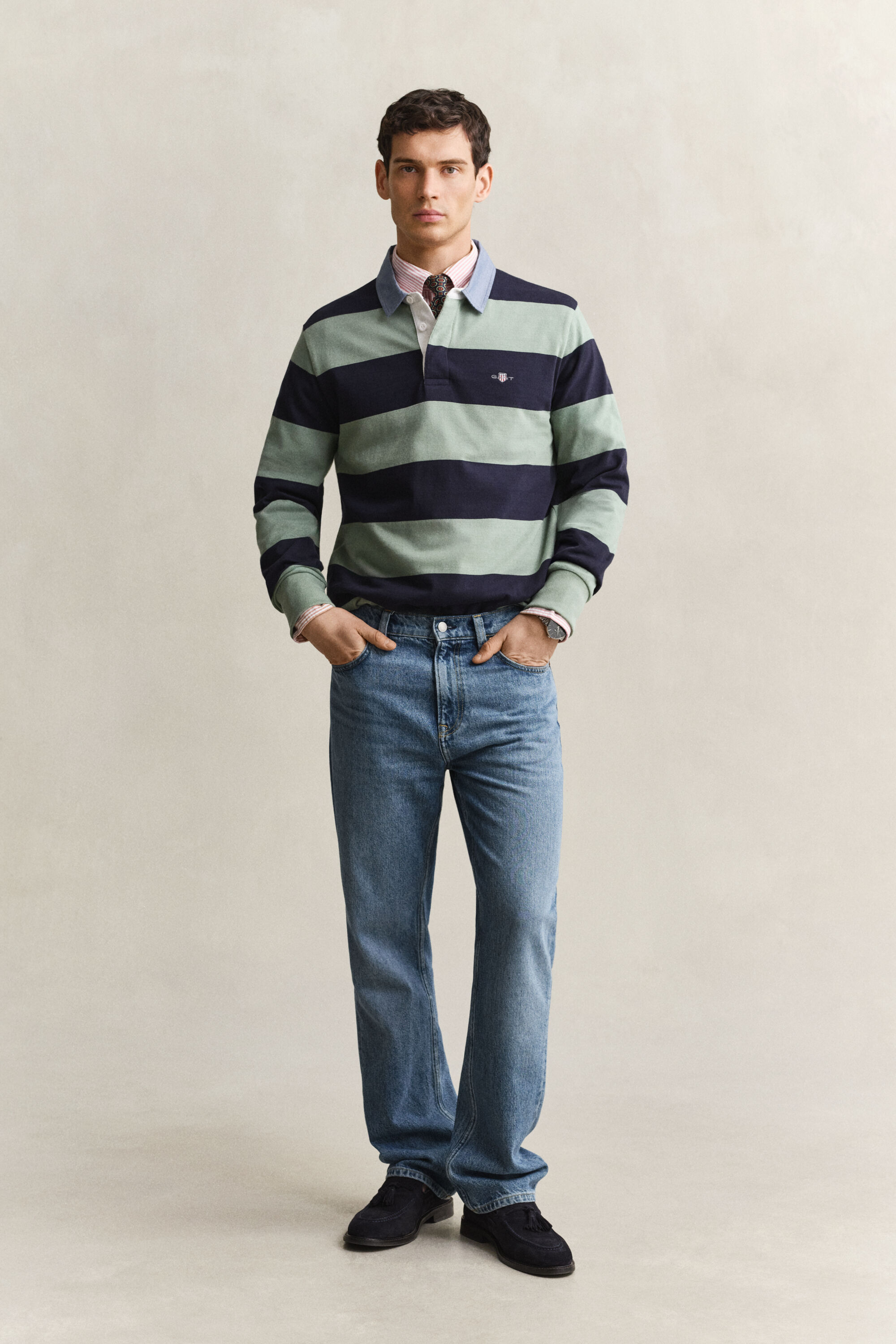 Gestreepte Heavy Rugger met chambray kraag