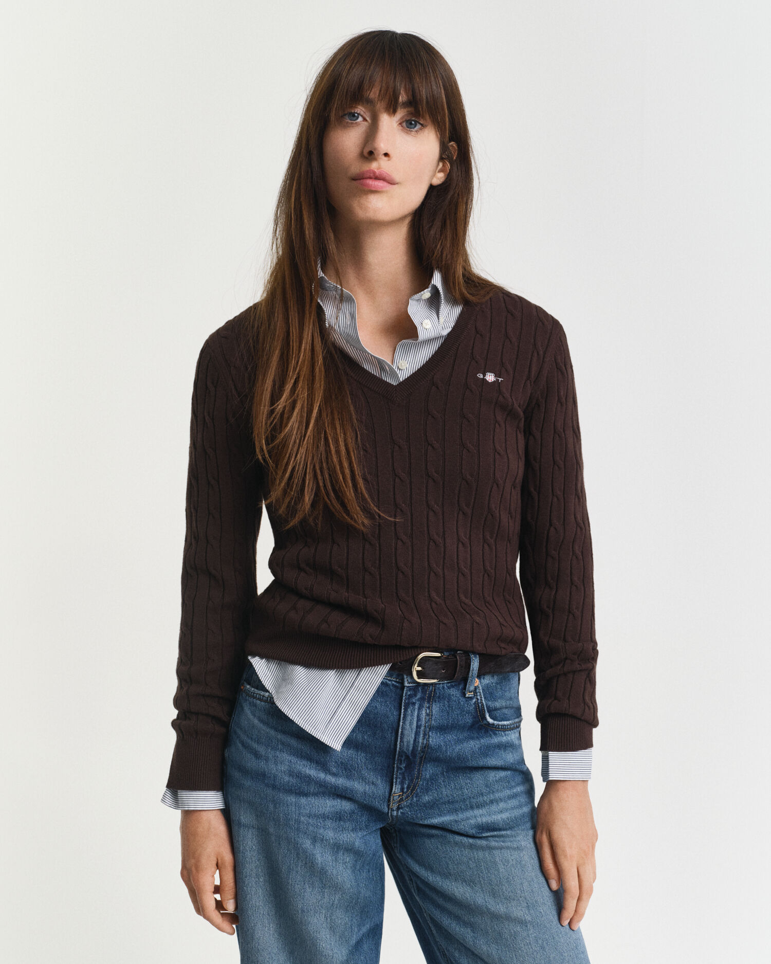 Kabelgebreide trui met V-hals