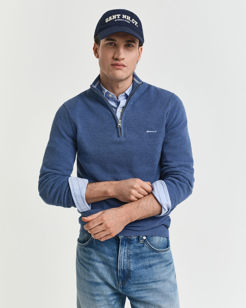 Sweater van katoenpiqué met korte rits